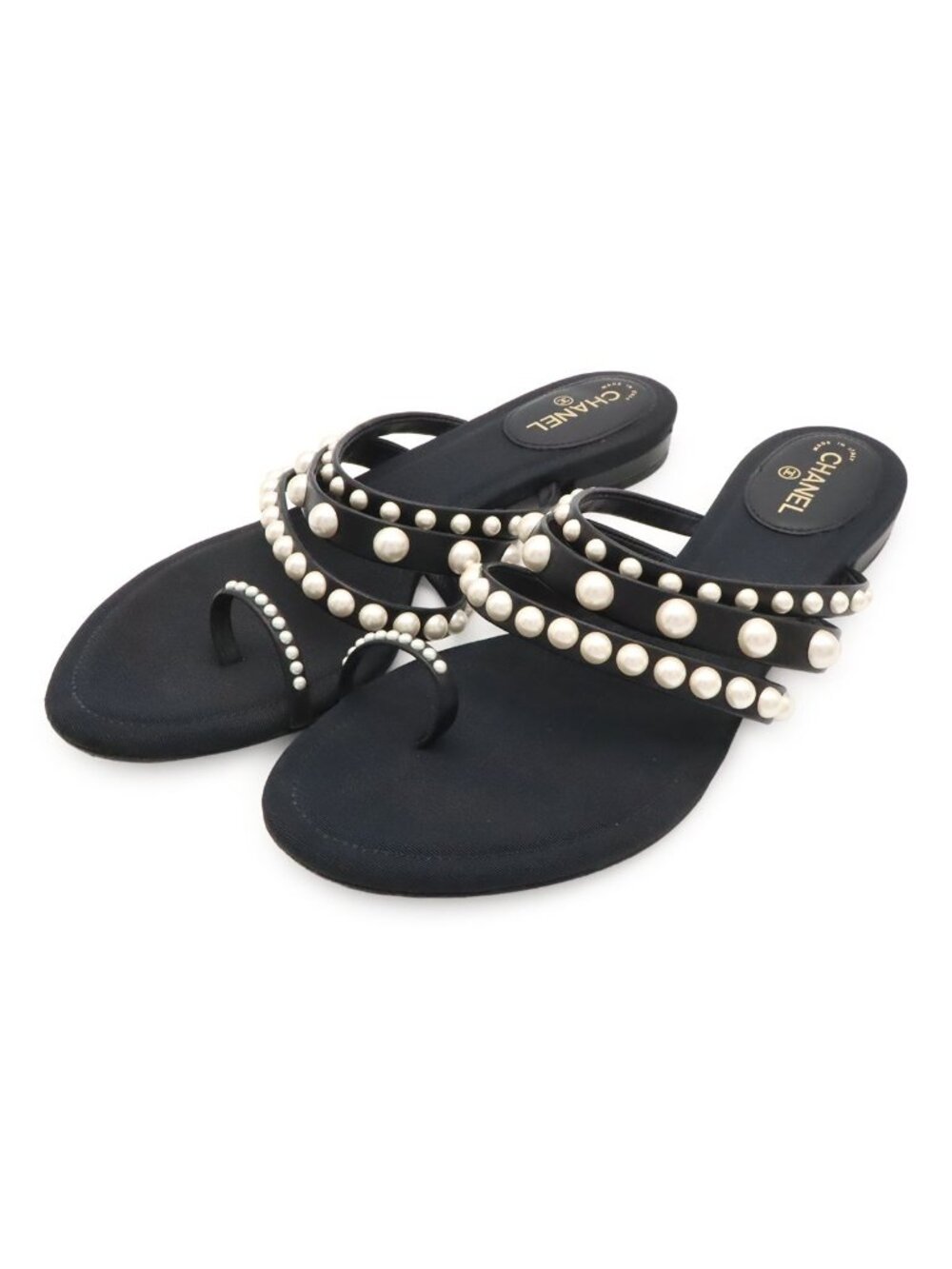 Chanel Flat Sandals Thong Design Faux Pearl Leather Nylon Black
